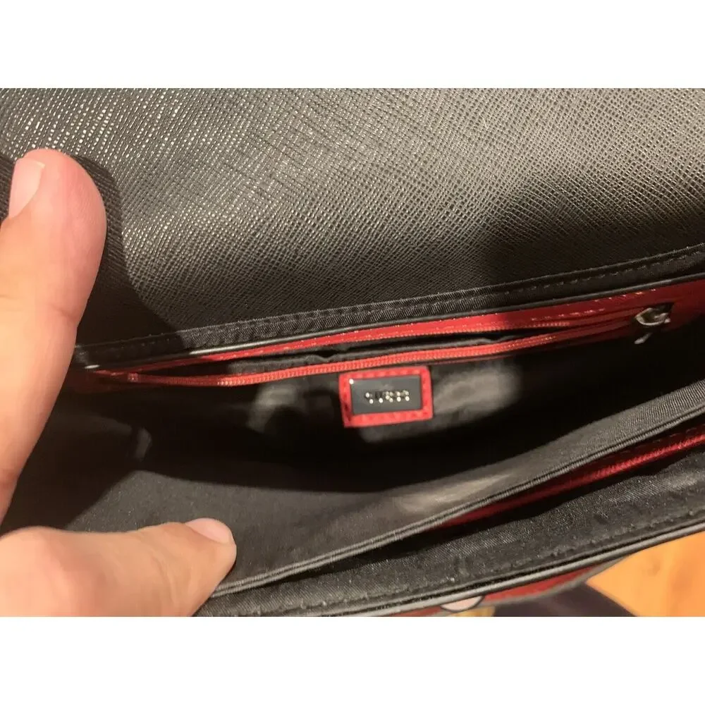 Guess Los Angeles Womens Black Purse Red Shoulder‎ Strap Silver Hardware